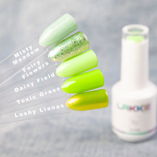 Dit zijn alle kleuren groene gellak van de fantasy garden collectie.