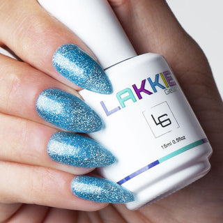 Blauwe glitter gelnagellak. 