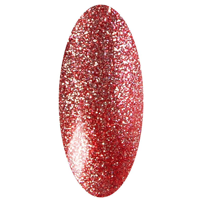 LAKKIE Teasing Red is een rode kleur gel nagellak met gouden glitters.