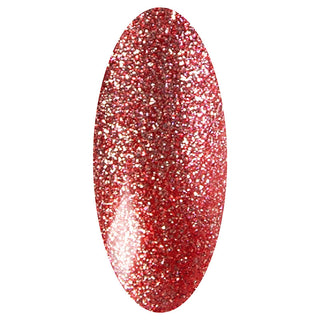 LAKKIE Teasing Red is een rode kleur gel nagellak met gouden glitters.