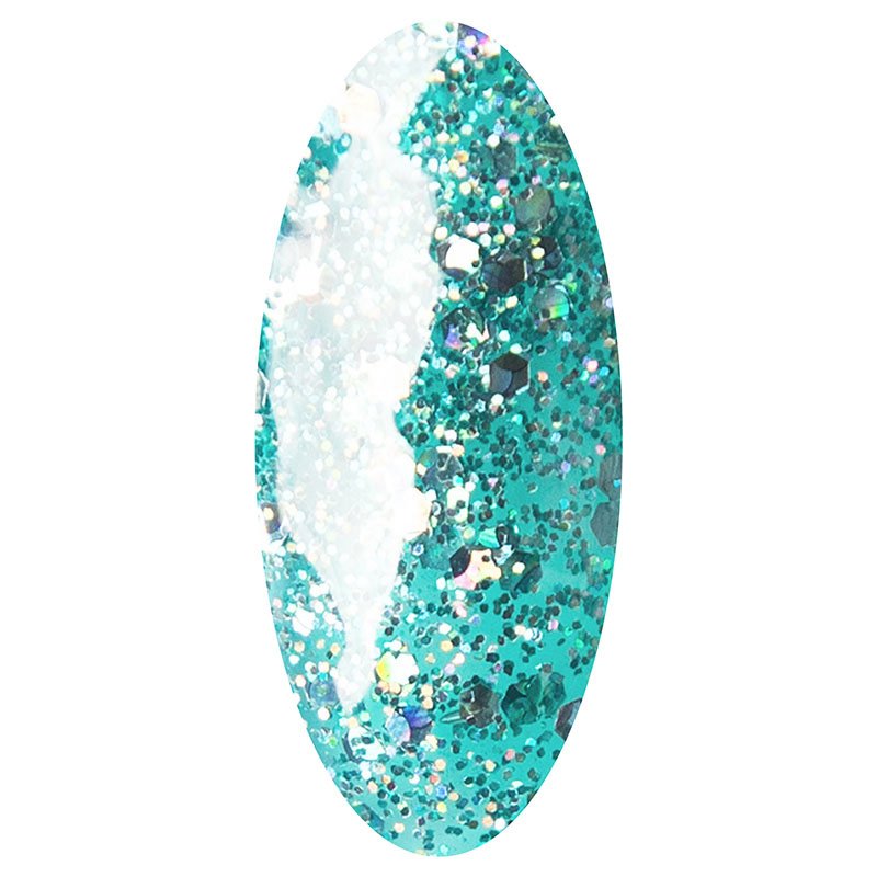 LAKKIE Sparkling Seafoam is een blauw groene glitter gel nagellak. Deze gellak bestaat uit verschillende soorten groene en zilveren glitters.