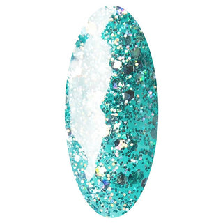 LAKKIE Sparkling Seafoam is een blauw groene glitter gel nagellak. Deze gellak bestaat uit verschillende soorten groene en zilveren glitters.